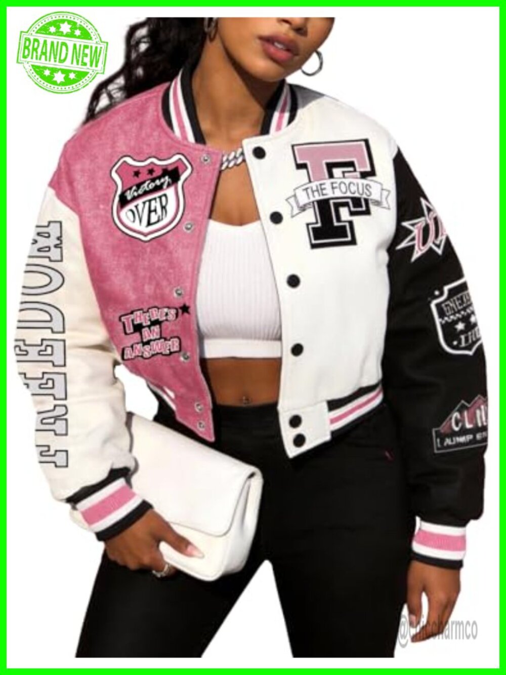 Women's Cropped Bomber Varsity Jacket Cotton Letterman Snap